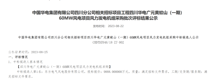 160MW！華電2個風(fēng)電項目候選人公示